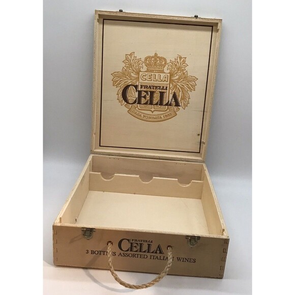 Vintage Cella Fratelli Wooden Wine Bottle Carrier Box Rope Handle Bronze Clasps - Picture 6 of 12
